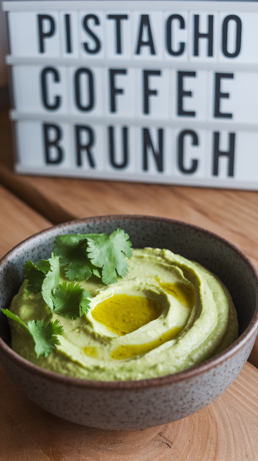 Crema de aguacate y cilantro en un tazón con hojas de cilantro y aceite de oliva, con un letrero que dice 'Pistacho Coffee Brunch' en el fondo.