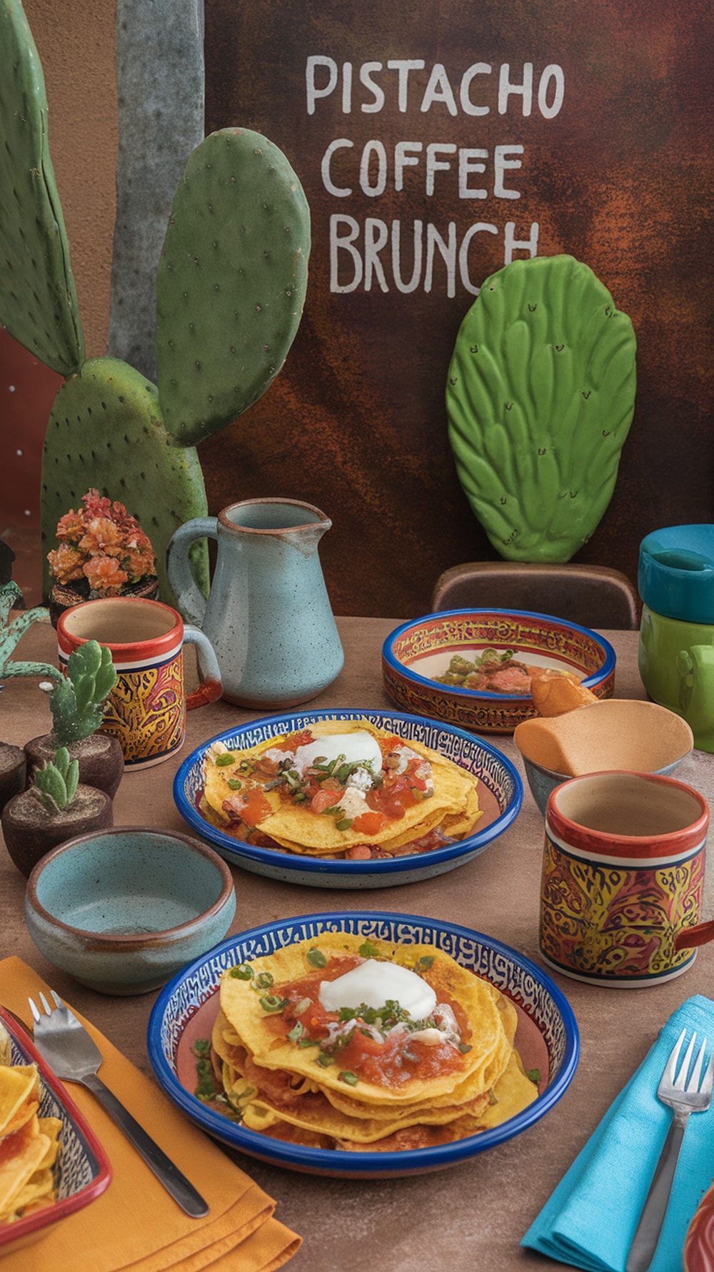 Pistacho Coffee Brunch con chilaquiles, frijoles y decoración colorida.