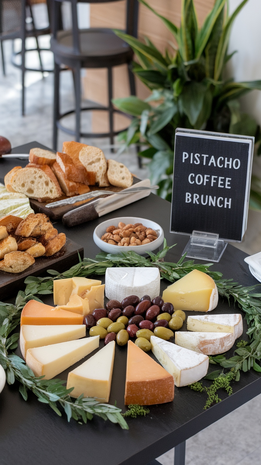 Pistacho Coffee Brunch con una variedad de quesos, aceitunas y pan