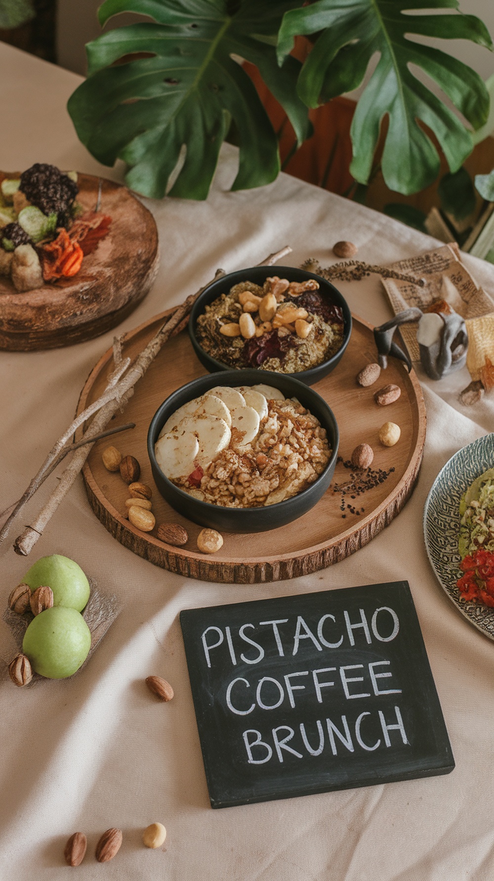 Pistacho Coffee Brunch con tazones de avena y quinoa, frutos secos y manzanas verdes.