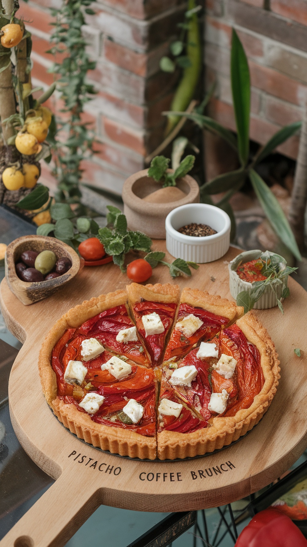 Tartaleta de pimientos asados y queso feta sobre una tabla de madera con el texto Pistacho Coffee Brunch