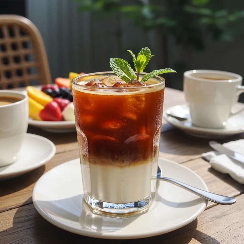 A beautifully layered iced coffee drink in a cozy brunch setting with fresh fruits and pastries