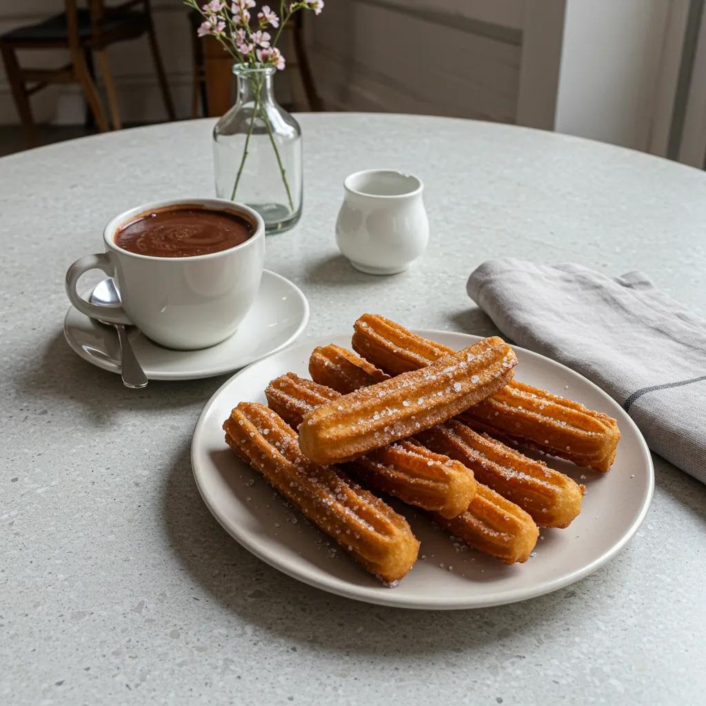 A brunch table with thick hot chocolate and freshly made churros, creating a delightful pairing for a gourmet experience