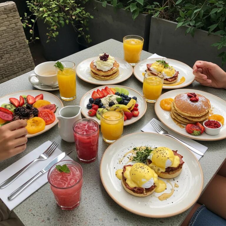 A colorful brunch table with pancakes, eggs benedict, fresh fruits, and drinks, representing a social dining experience