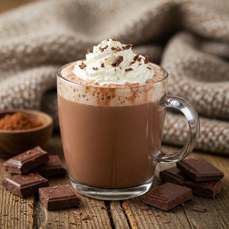 A steaming cup of rich hot chocolate with whipped cream and chocolate shavings on a rustic table, evoking warmth and comfort