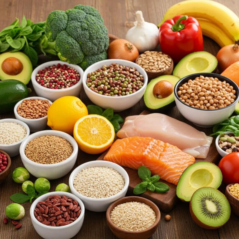 Colorful healthy food spread showcasing fruits, vegetables, and whole grains for a balanced diet