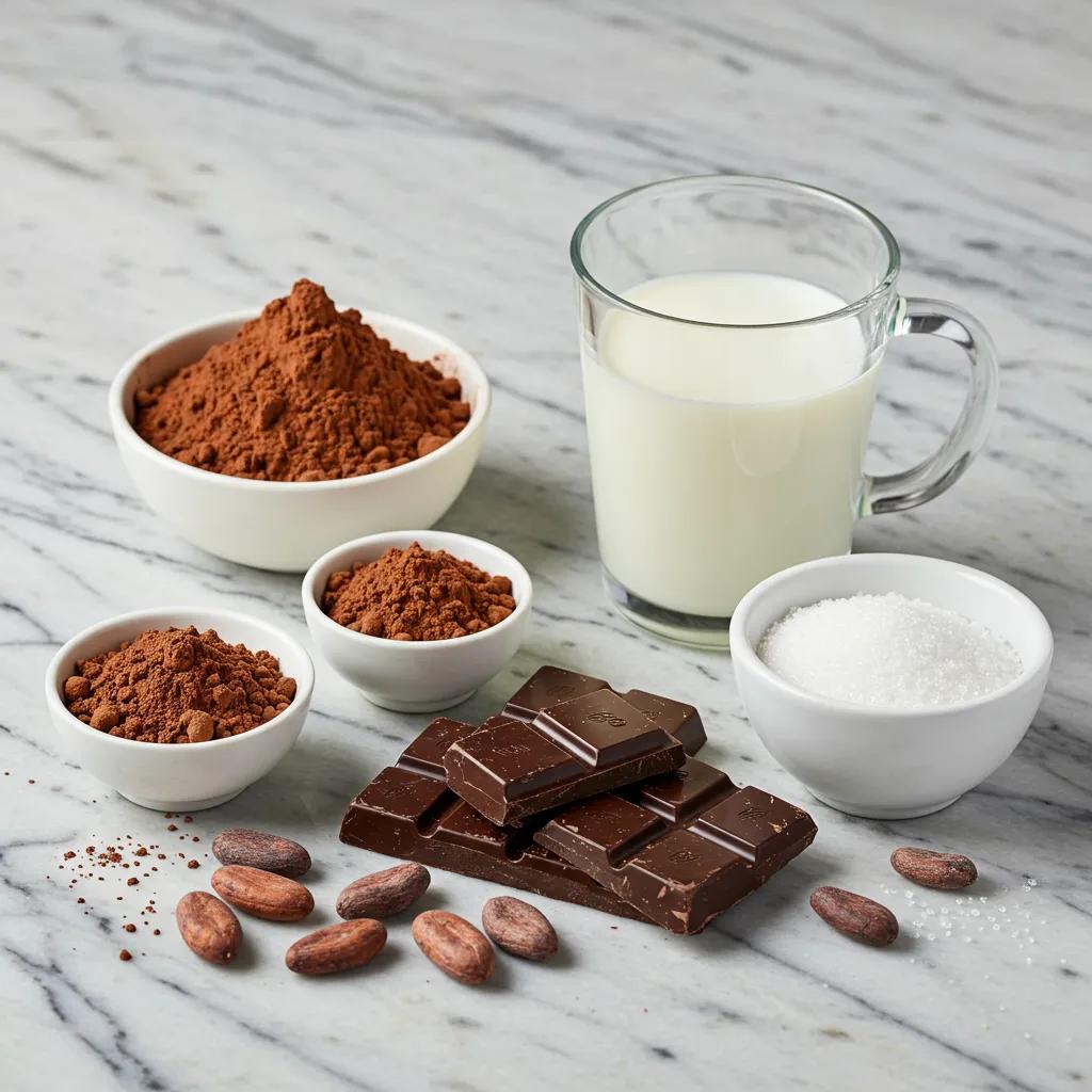 Essential ingredients for hot chocolate: cocoa powder, dark chocolate, milk, and sugar arranged on a marble countertop