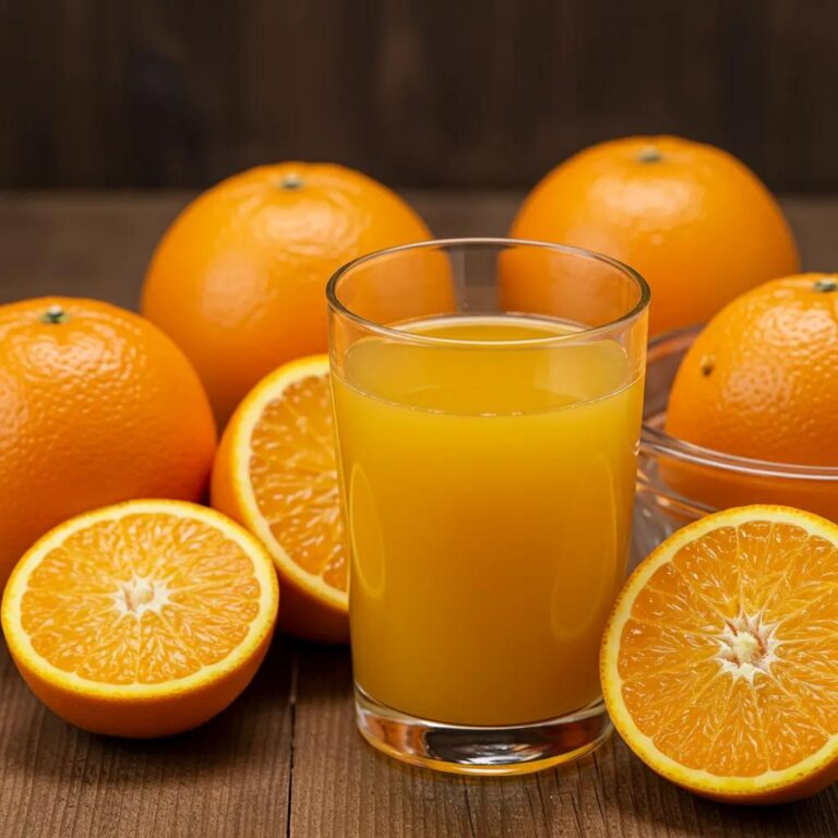 Freshly squeezed orange juice with ripe oranges and a juicer, representing healthy brunch options