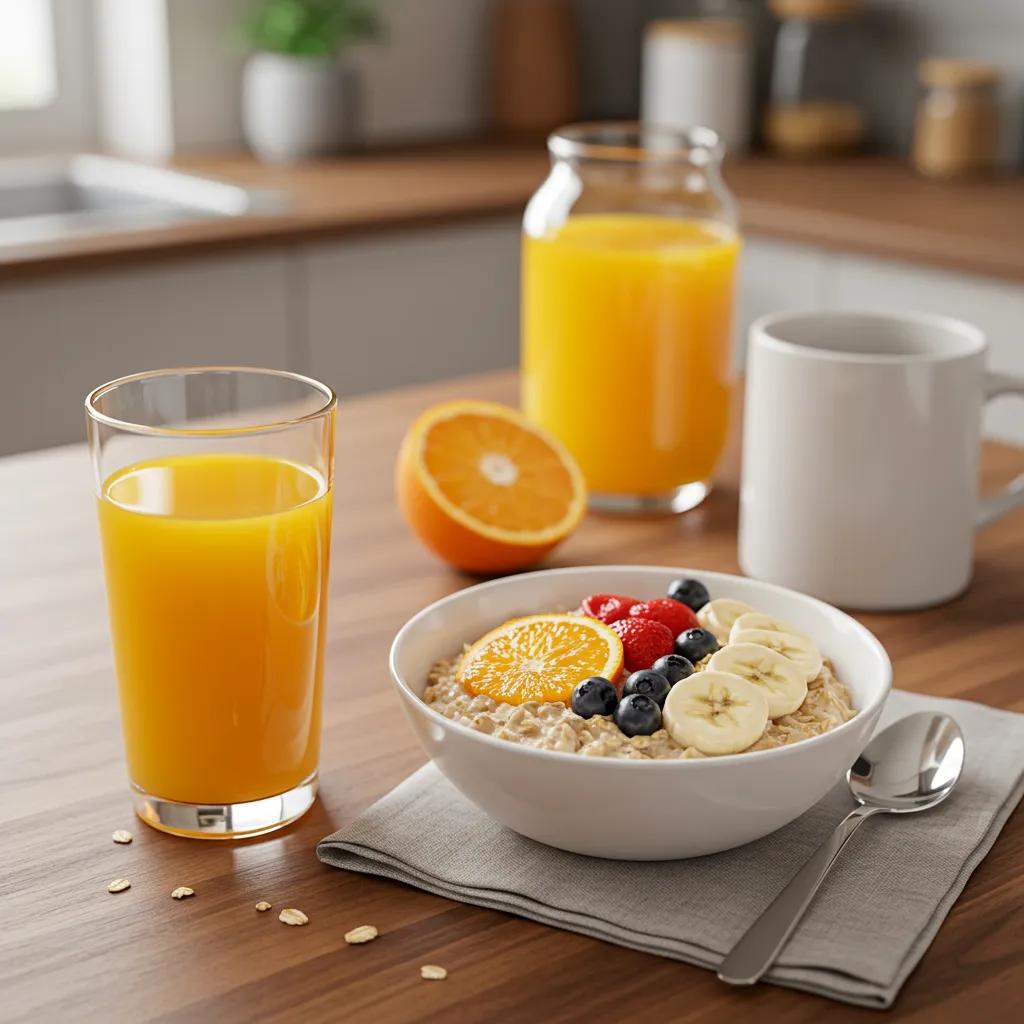 Healthy breakfast with orange juice, oatmeal, and fruits, illustrating the benefits of orange juice