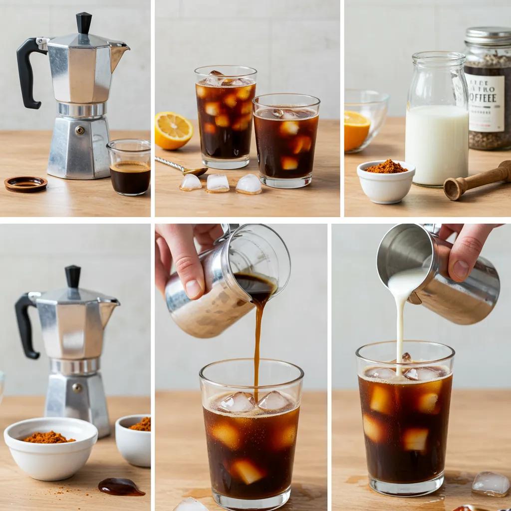 Step-by-step preparation of homemade iced coffee with ingredients arranged in a bright kitchen