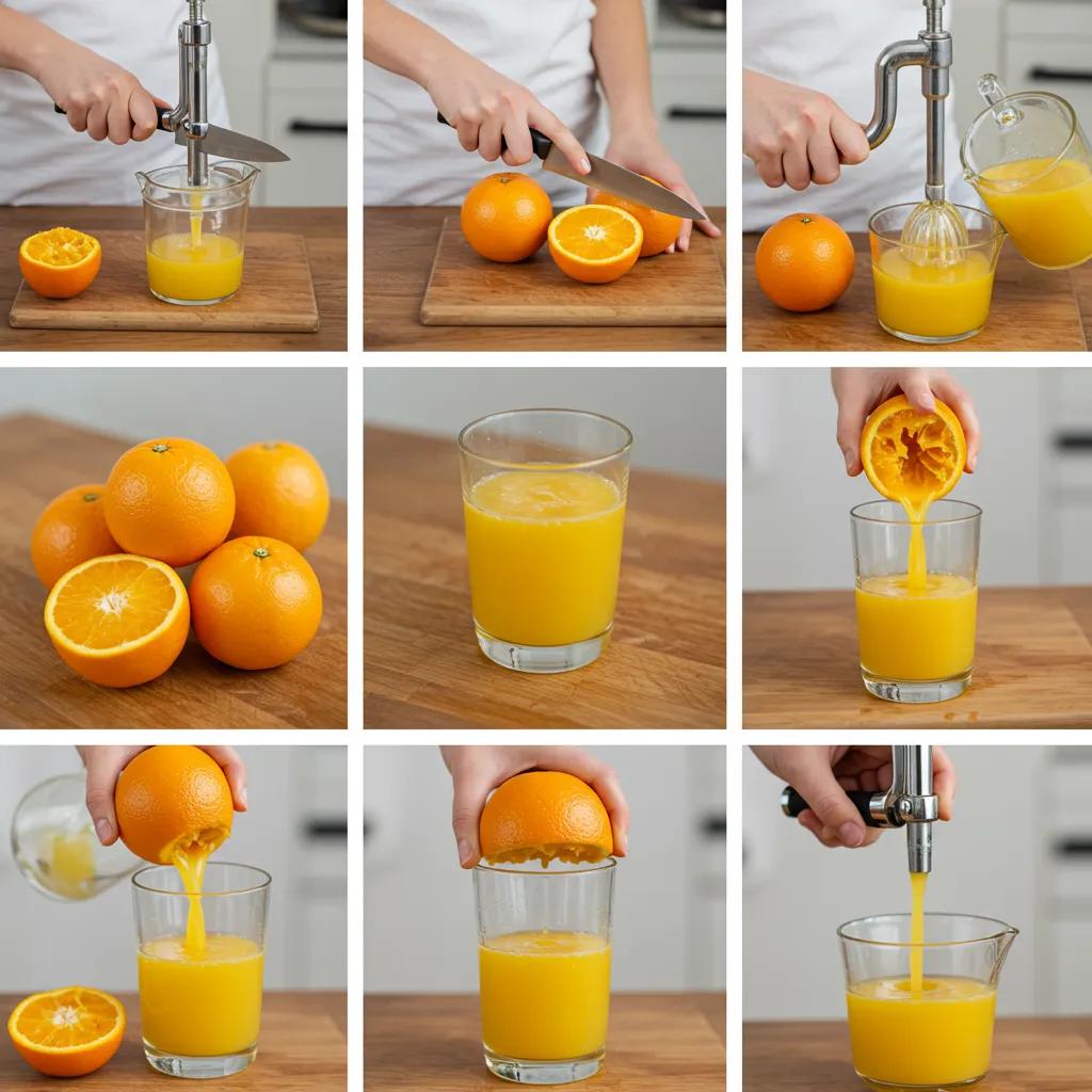 Step-by-step process of making fresh orange juice, highlighting the preparation method