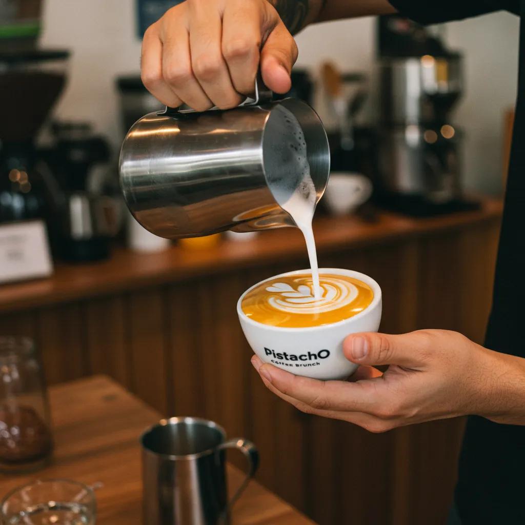 Barista preparing coffee with latte art at Pistacho Coffee Brunch
