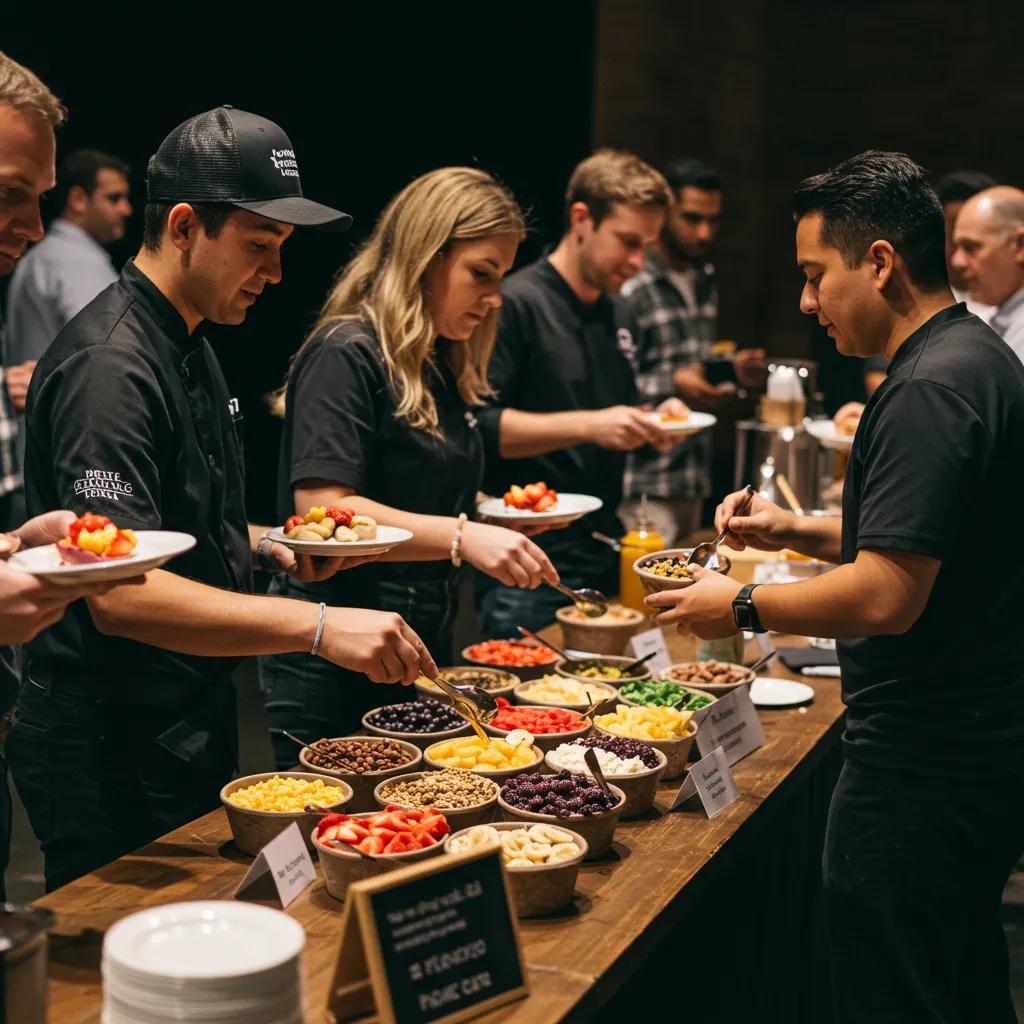 Personal de catering sirviendo a los invitados en una estación interactiva de acai bowls, mostrando opciones de brunch saludable