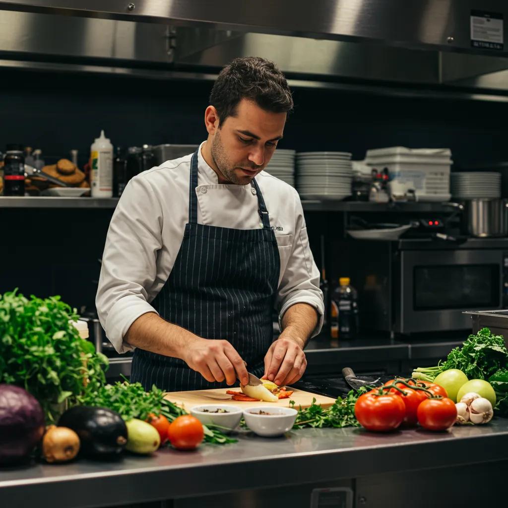 Chef preparing a personalized vegan menu with fresh ingredients in a professional kitchen