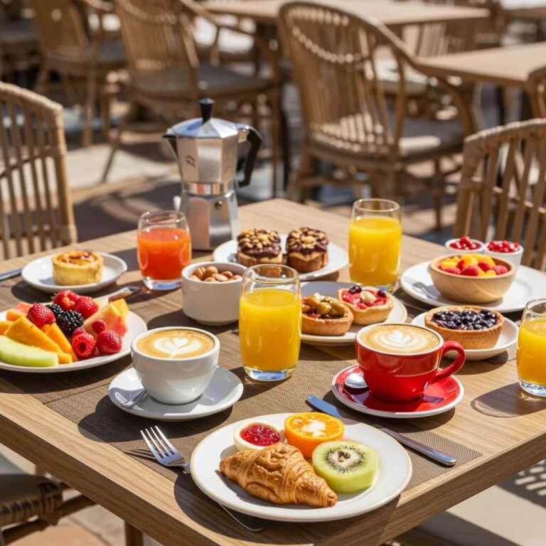 Colorful brunch table at Pistacho Coffee Brunch with coffee and pastries