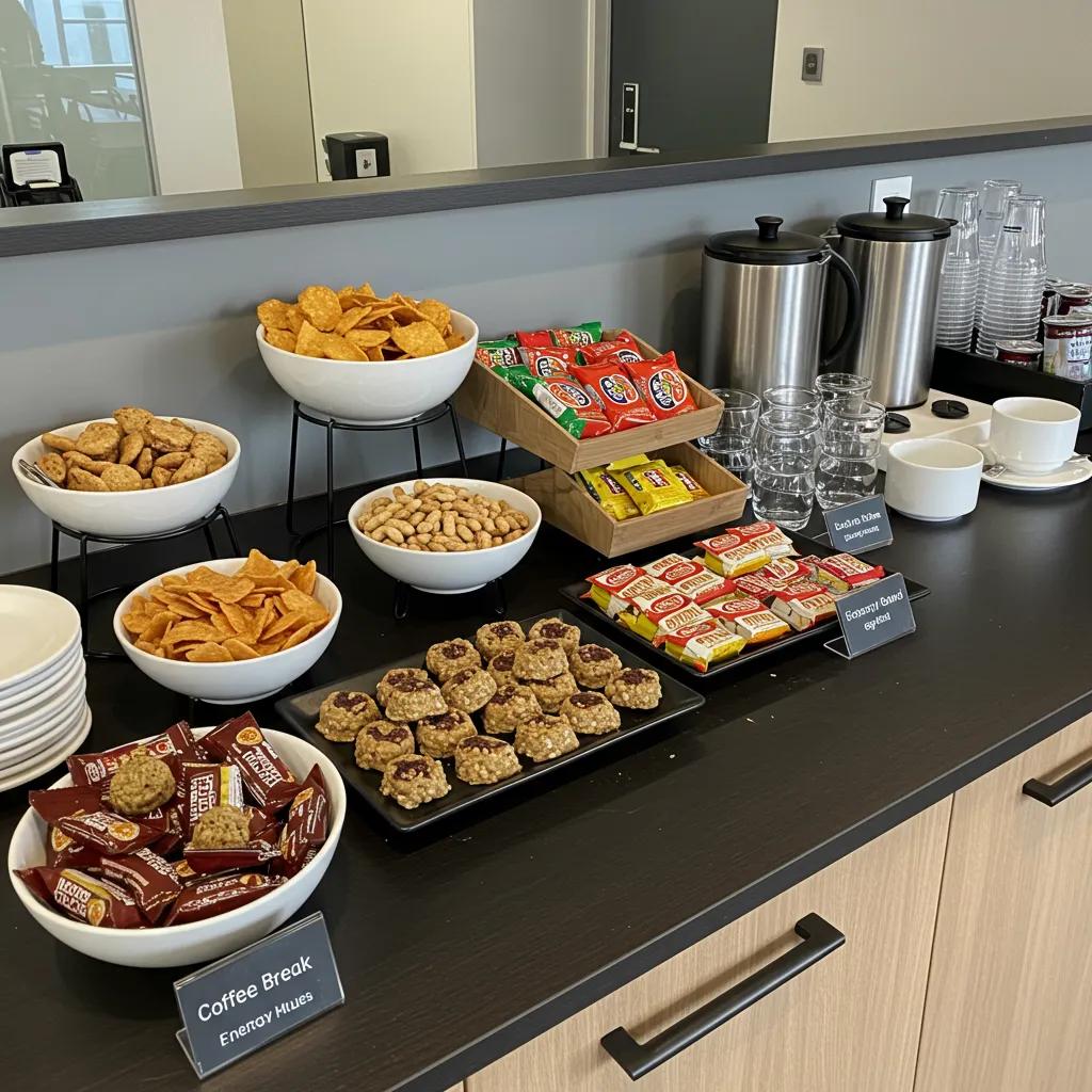 Corporate catering coffee break station with healthy snacks and beverages in a modern office setting