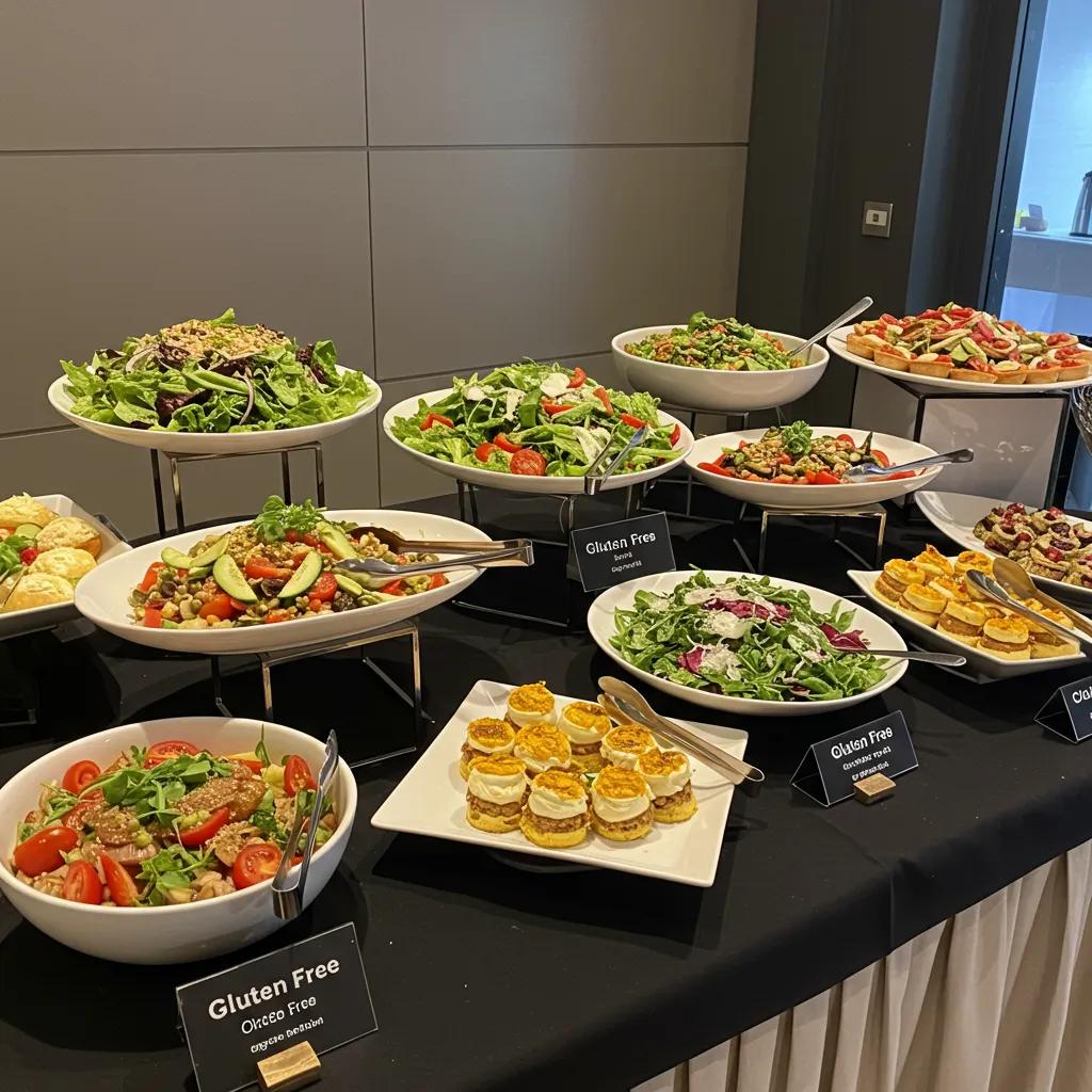Elegant buffet table with various gluten-free menu options displayed at an event