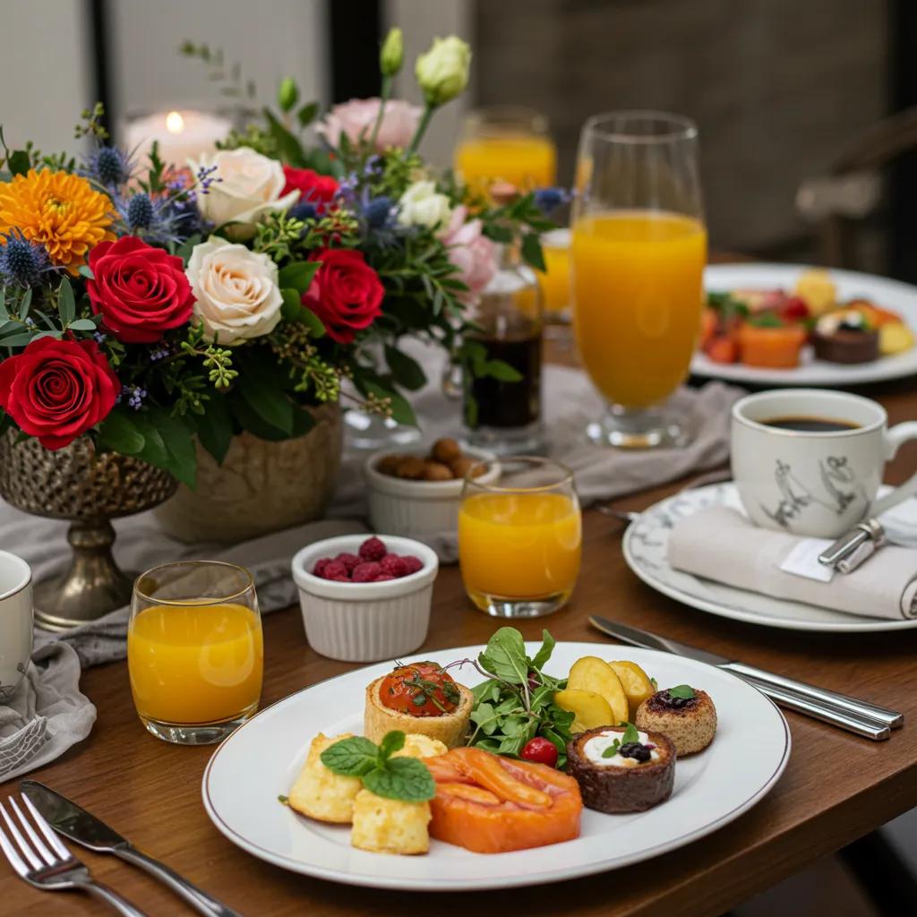 Elegante montaje de brunch de boda con platos de temporada y café de especialidad, reflejando servicios de catering únicos