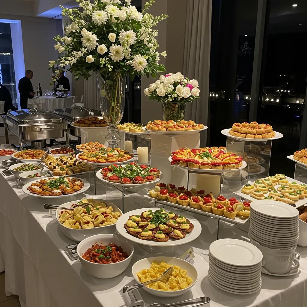Elegant wedding catering buffet with gourmet dishes and floral decorations for a romantic atmosphere