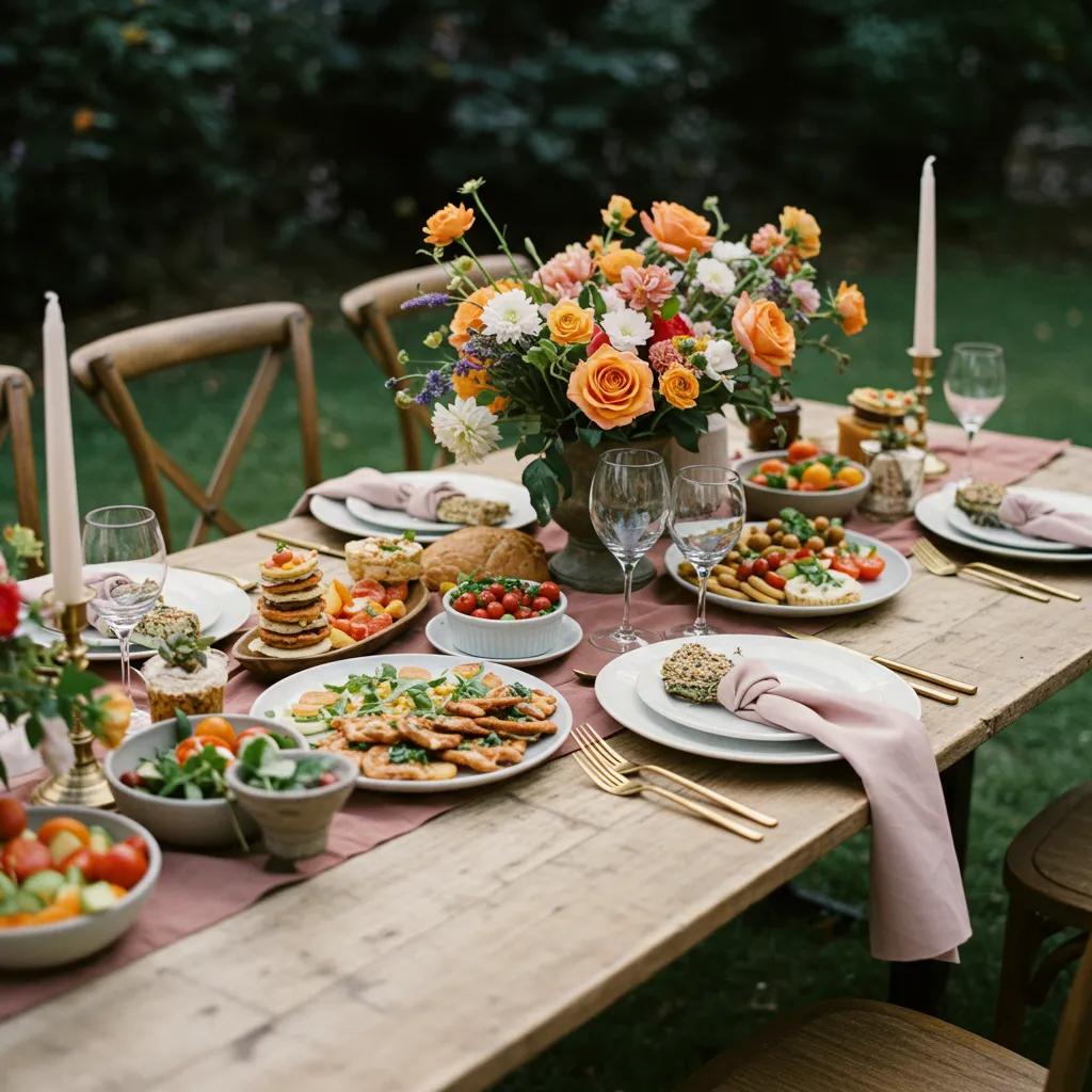 Elegant wedding table set with gourmet vegan dishes and floral decorations for a memorable celebration