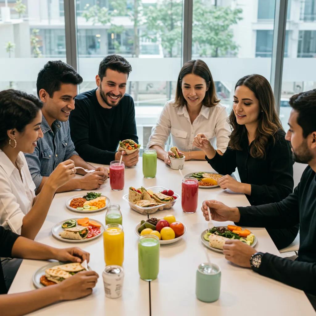 Employees enjoying a healthy lunch together, showcasing the benefits of nutritious meals