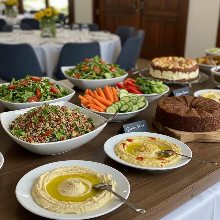 Gluten-free catering spread with colorful dishes in a decorated event space in Tenerife