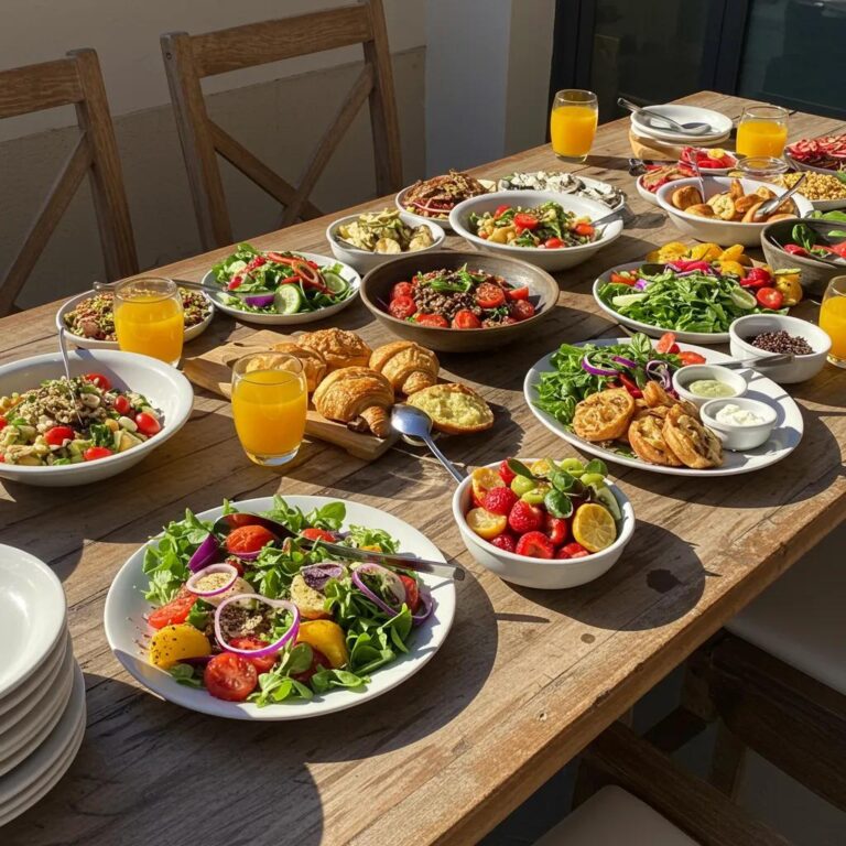 Gourmet brunch catering setup with fresh salads, fruits, and pastries, ideal for events in Tenerife