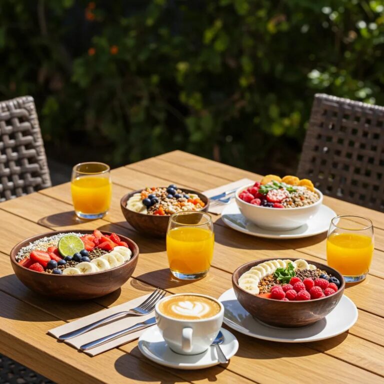 Healthy brunch catering setup with colorful buda bowls and specialty coffee in a sunny Tenerife setting