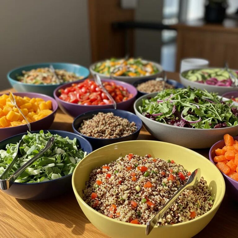 Healthy catering spread with fresh salads and fruits for corporate events