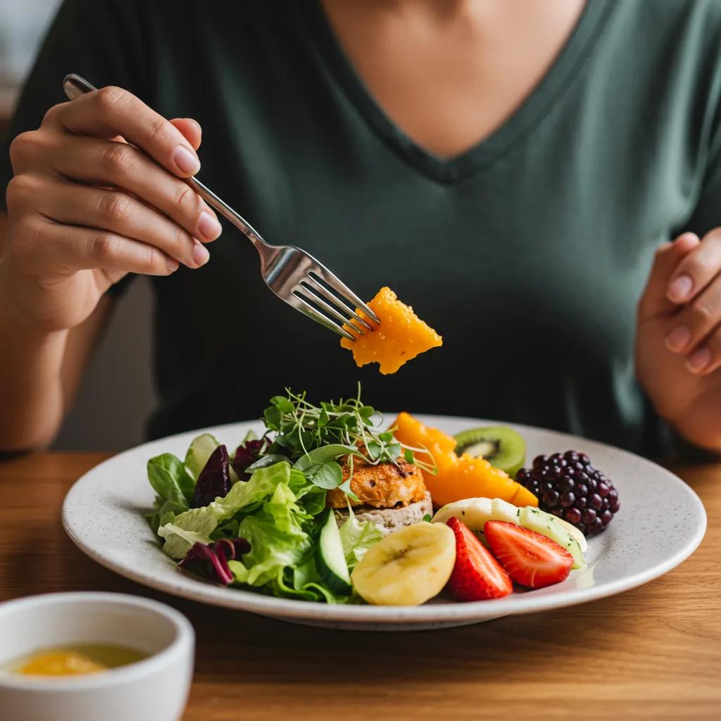 Person practicing mindful eating with a colorful plate of fresh fruits and vegetables