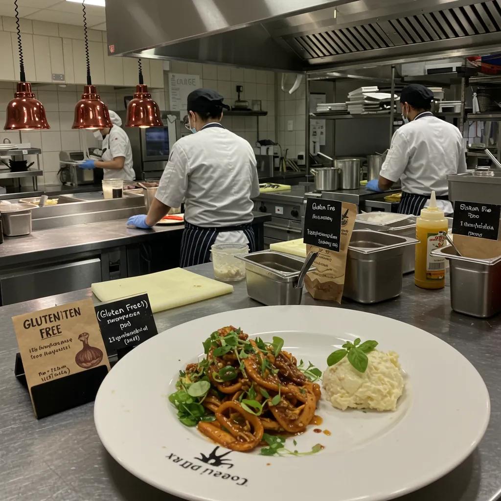 Professional kitchen with staff preparing gluten-free dishes, highlighting food safety practices