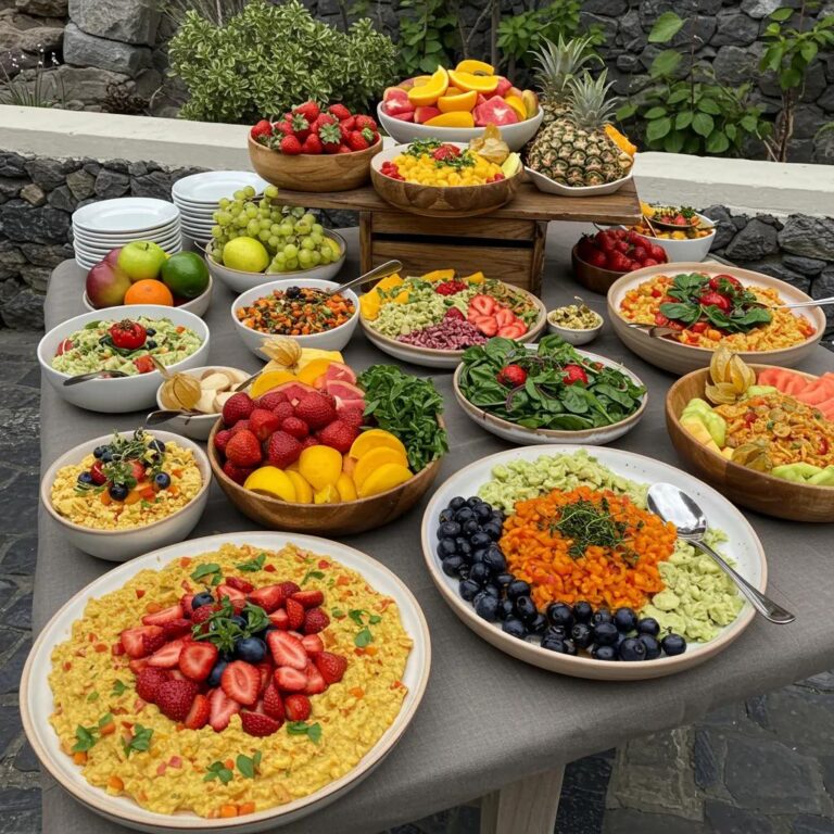Vegan catering spread with colorful plant-based dishes and fresh local ingredients in a scenic Tenerife setting