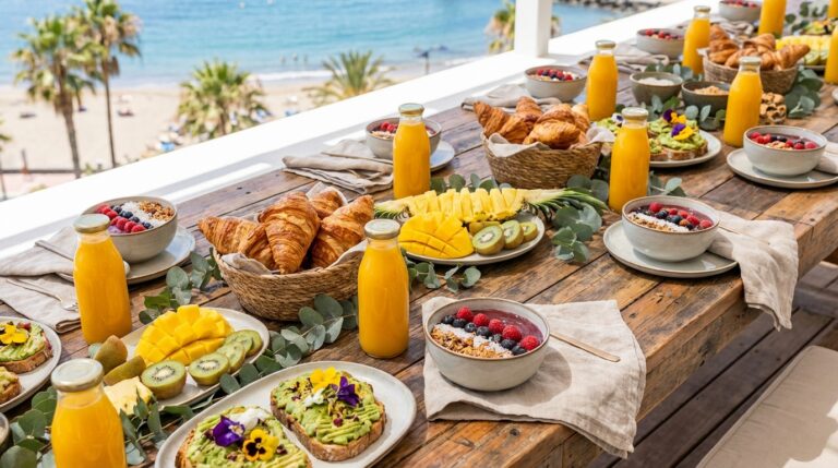 Catering brunch saludable Tenerife Sur con bowls, tostadas y boller&iacute;a fresca